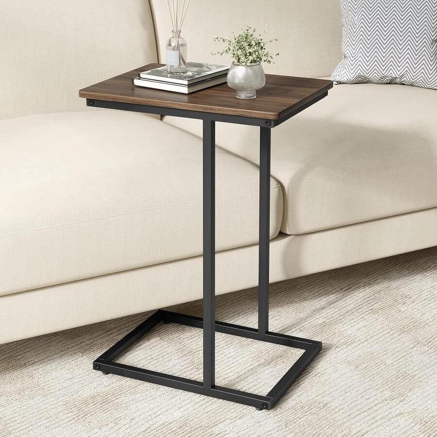 Bijzettafel woonkamer C-vormige laptop eindtafel Industriële stijl Metalen frame Walnoot Anti-kras tafelpoten