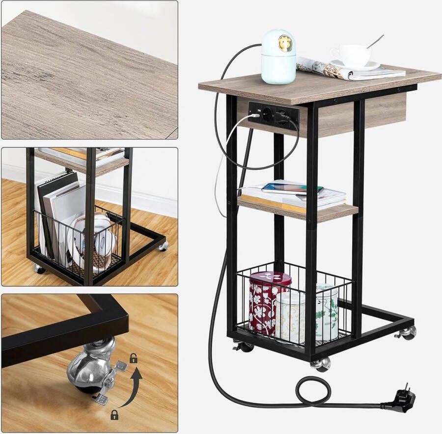 Bijzettafel met laadstation flip C-vorm banktafel salontafel met wielen en legplank nachtkastje voor woonkamer slaapkamer greige-zwart