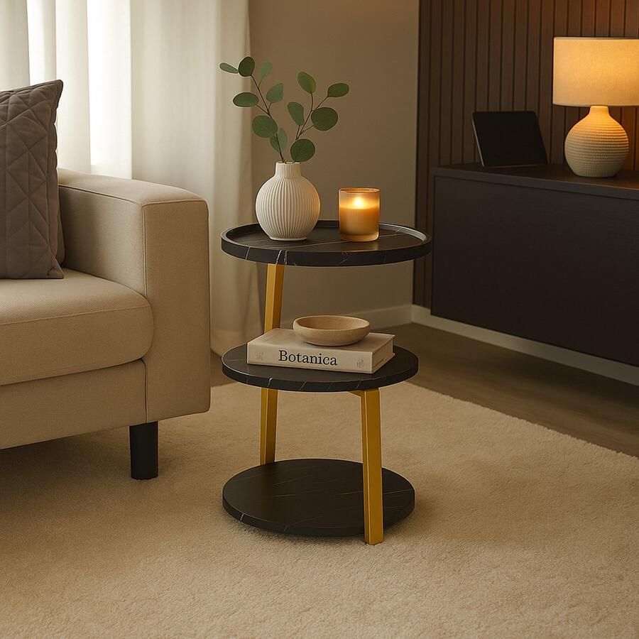 Ceruzo Bijzettafel Zwart Wit Marmerlook -Goud Metaalframe – 3 Plateau s – Luxe Design – H60cm