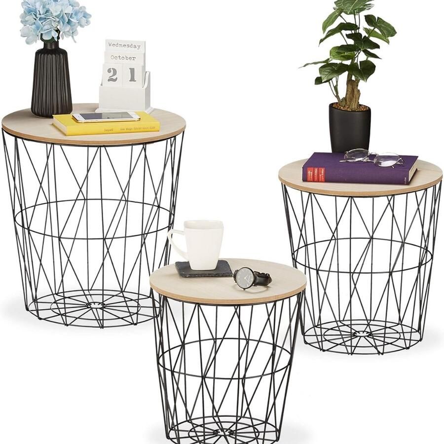 Bijzettafels draadmand set van 3 metaal houtlook versch. groottes salontafel woonkamer zwart