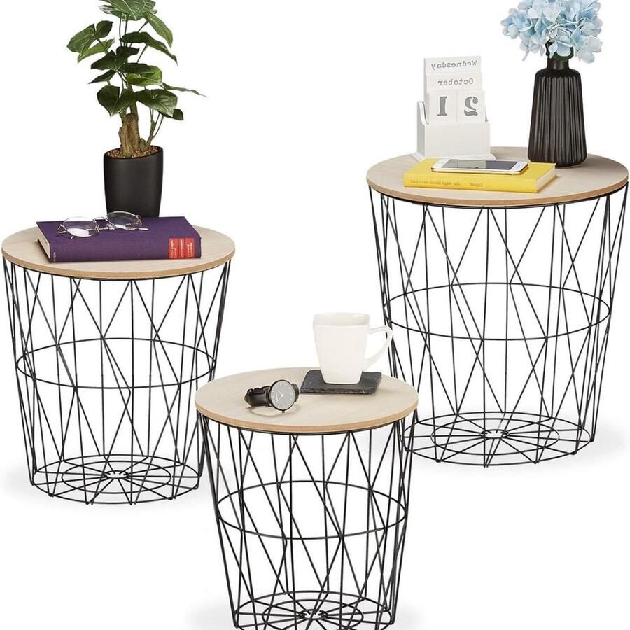 Bijzettafels draadmand set van 3 metaal houtlook versch. groottes salontafel woonkamer zwart