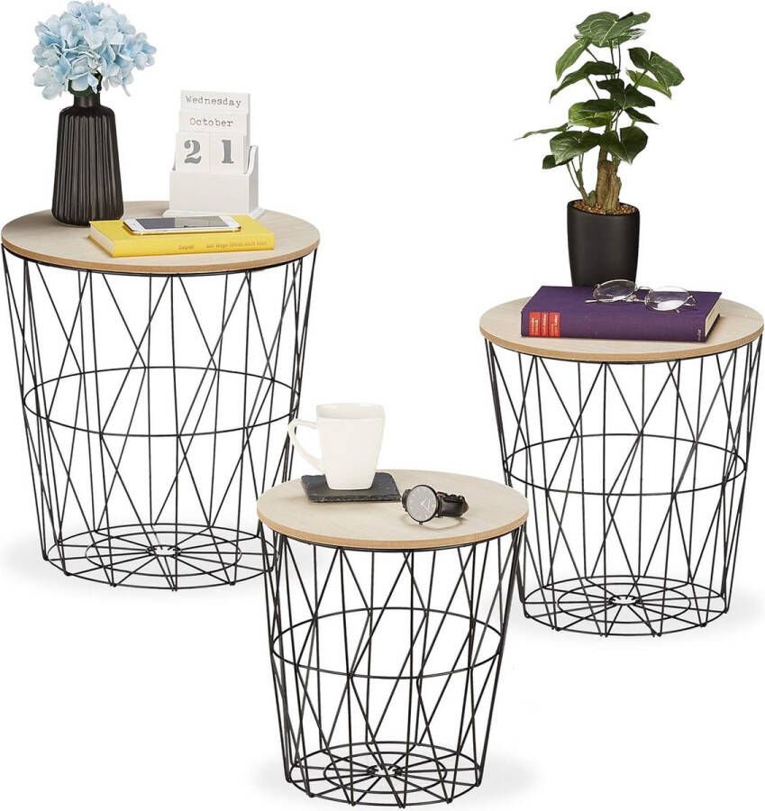 Bijzettafels met draadmand set van 3 metaal- en houtlook