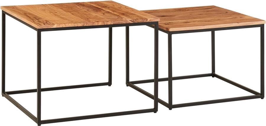 Rootz Living Rootz Bijzettafels Metaal hoekig ontwerp Set van 2 acaciahouten salontafels met metalen poten 2-delige bijzettafel