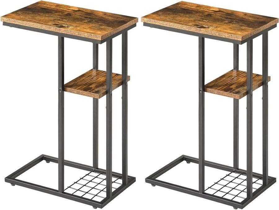 Bijzettafels Set van 2 C-vorm met 2 etages opslag Industriële stijl 40 x 26 x 615 cm Bruin en Zwart