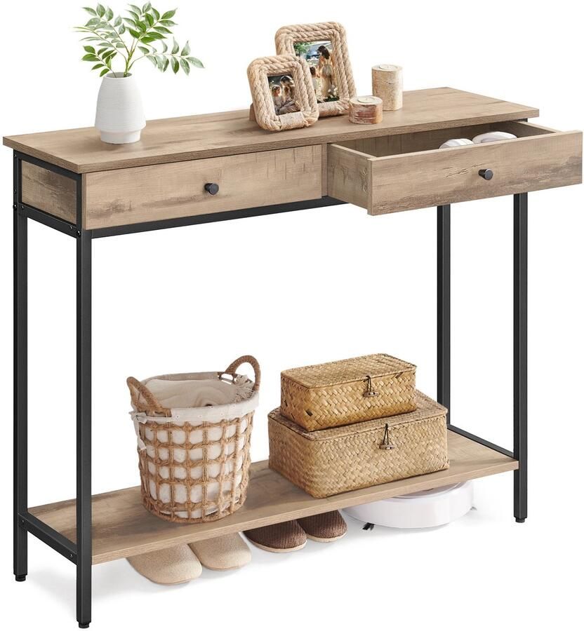 Bijzettafels Wandtafel Bijzettafels Woonkamer Bijzettafel Bank Smalle Consoletafel Haltafel Bijzettafel met Lade Hout 100 cm x 30 cm x 80 cm Donker Kaki