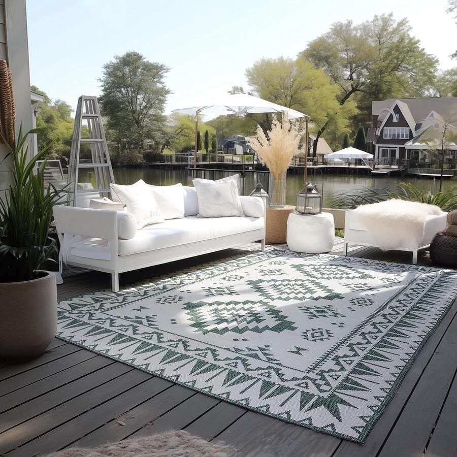 Binnen en buiten tapijt omkeerbaar tapijt weerbestendig en waterdicht modern geometrisch patroon ruitpatroon outdoortapijt voor tuin balkon terras en woonkamer groen 80 x 150