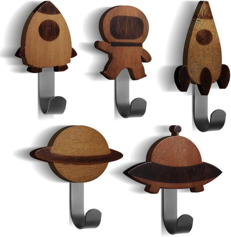 Ibenzoa Set van 5 Walnoothouten Kinder Kapstokhaken Ruimte Thema Decoratie voor Kinderkamer