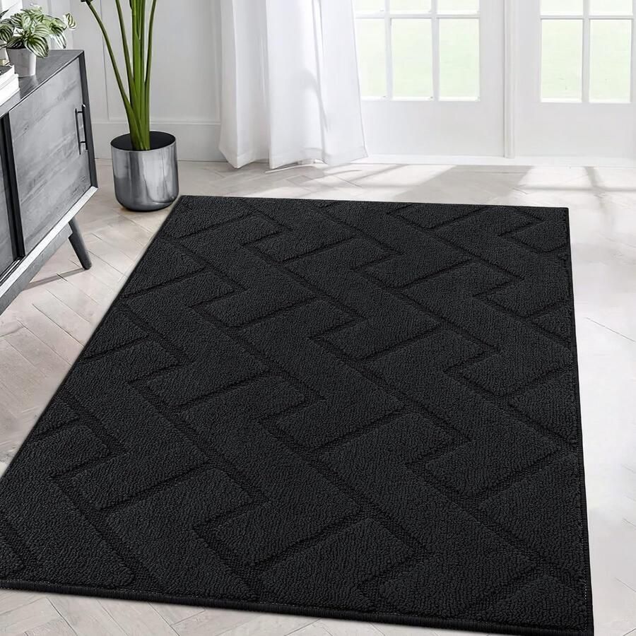 Biscpro tapijtloper 80x120cm wasbaar antislip vuilvangermat tapijtloper voor entree woonkamer gang kantoor slaapkamer keuken zwart