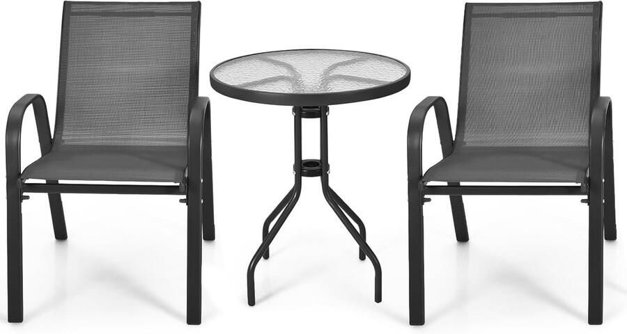 Bistroset 3-delig met ronde glazen tafel en 2 stoelen voor buiten en binnen
