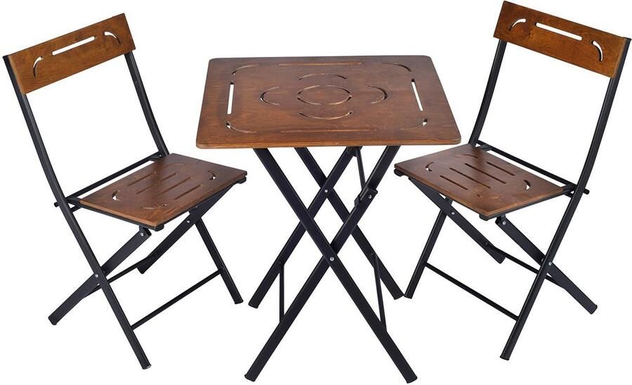 Asir Garden Table & Chairs Set (3 Pieces). 100% MDF. Metal Legs. Table Size: Width: 60 cm Height: 73 cm Depth: 60 cm. Chair Size: Width: 40 cm Height: 83 cm Depth: 40 cm. Chair Seat Height: 45 cm. Additional Storage. Multipurpose Table. Assembled