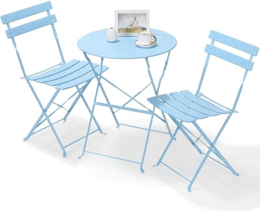 Bistroset Tuinset 3-delige Tuintafel met Stoelen Balkonset 2 Personen Opvouwbare Stalen Tafel en Stoelen voor Balkon Bistrotafel Lichtblauw