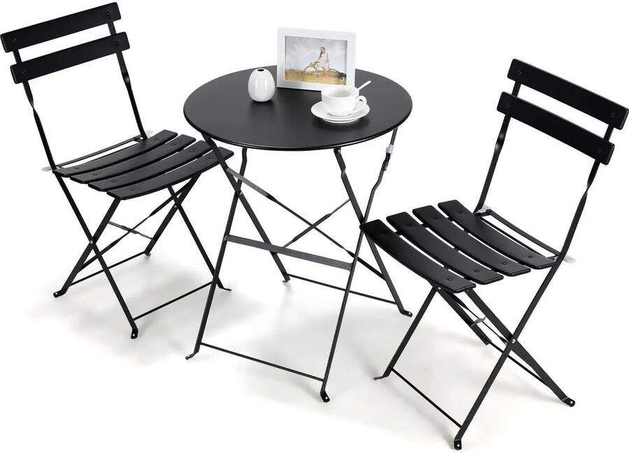 Bistroset Tuinset Tuintafel met Stoelen Balkonset 2 Personen Bistrotafel 3-delige Opvouwbare Stalen Tafel en Stoelen voor Balkon Zwart