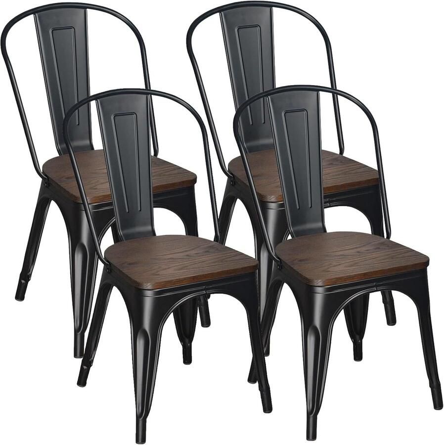 Bistrostoel Tuinstoel Set van 4 Eetkamerstoelen Stapelbaar Ergonomisch Stoel van Metaal met Houten Zitting voor Bar Bistro Terrassen van Cafés ook voor Thuis 43 x 44 x 84 cm Zwart