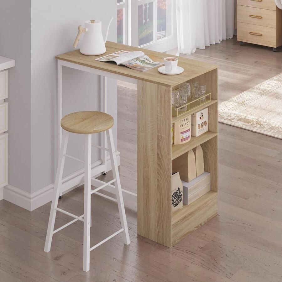 Bistrotafel met 3 planken Metalen en houten bartafel 91 x 49 x 91 cm Licht eiken en wit