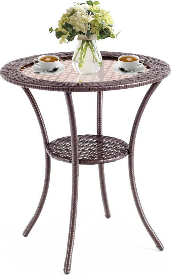Bistrotafel rotan bijzettafel met plank ronde balkontafel met glasplaat tuintafel eettafel tuin terrastafel glazen tafel voor binnen en buiten 64 x 64 x 72 cm