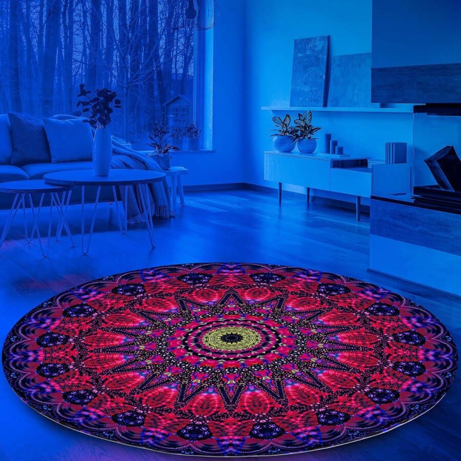 Black Light Mandala-tapijt groot rond UV-reactief lichtgevend tapijt antislip fluorescerende werpmat Glow in the Dark Boho-vloermat voor slaapkamer woonkamer 160 x 160 cm