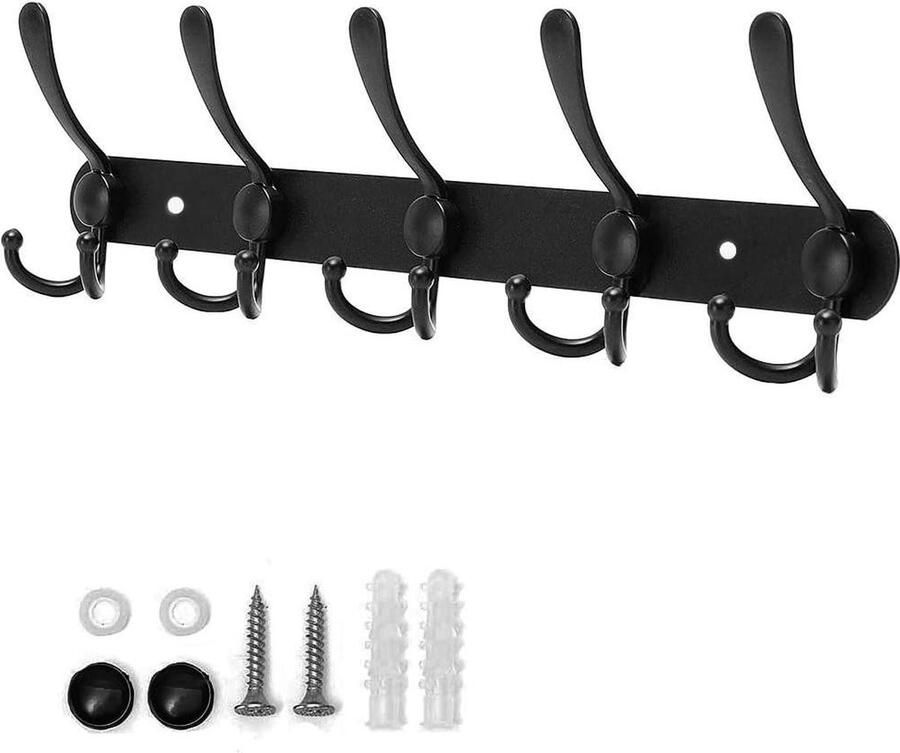 Black Wall Mounted Hook Rack 5 Hooks Heavy Duty Coat Hooks for Wall Mounted Coats Towels Bathrobes