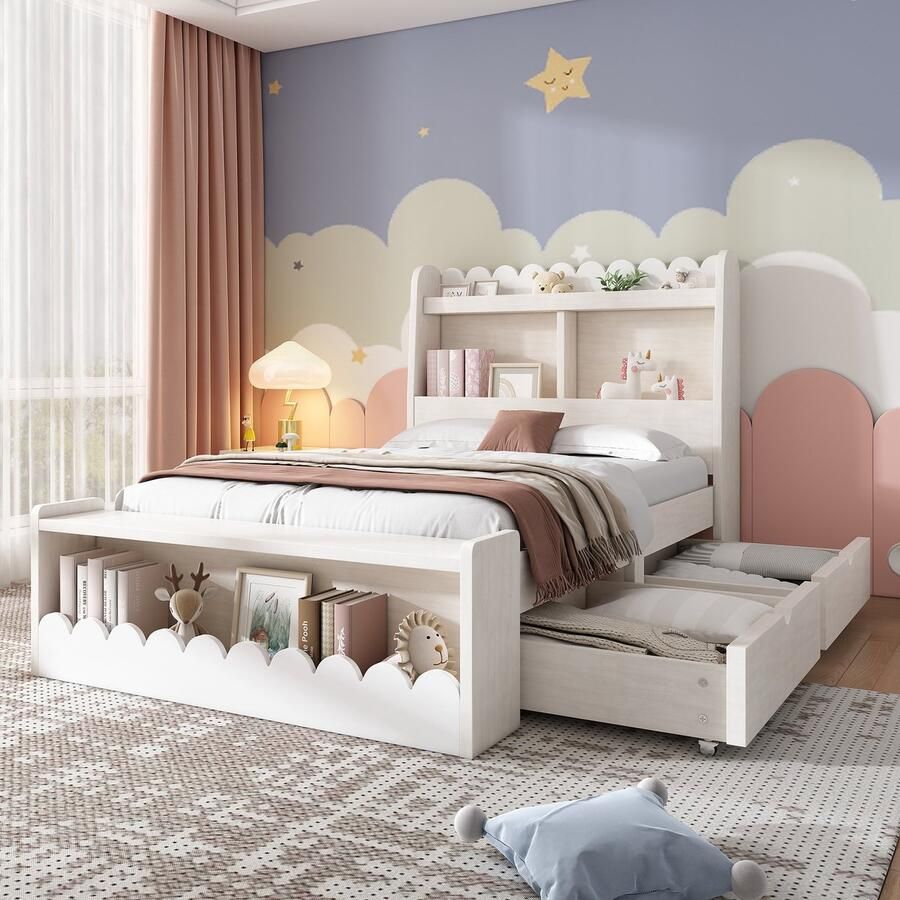 BLACKCOLORS Kinderbed met lades 90x190 cm 2 lades plank en geïntegreerde bank Wit+Votan eiken