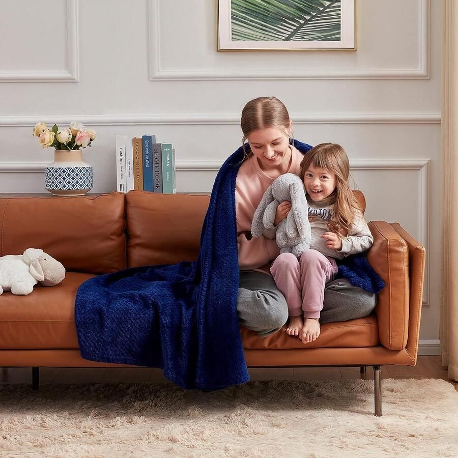 Deken wafeldeken voor bank bed reizen zachte pluizige fleecedeken van microvezel voor alle seizoenen marineblauw 130 x 150 cm