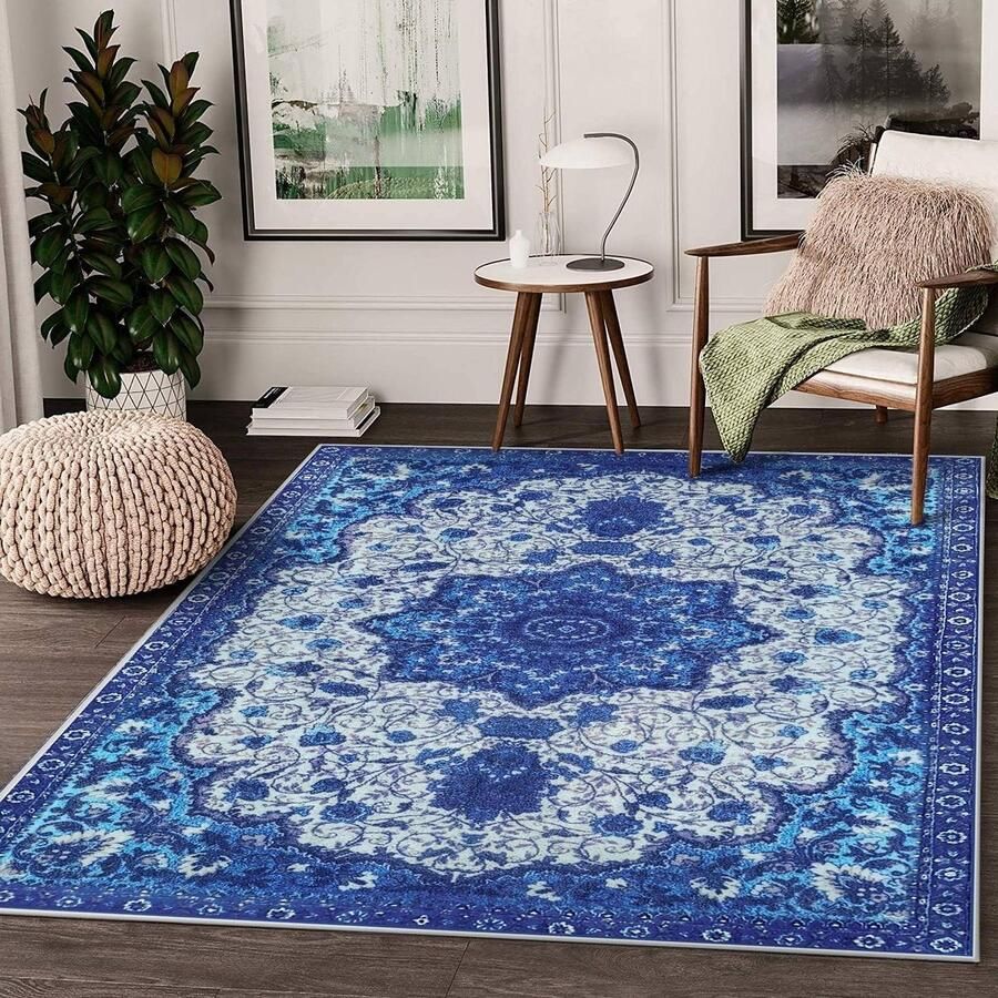 Blauw 160 x 200 cm Modern traditioneel vloerkleed Zacht laagpolig tapijt met artistiek design