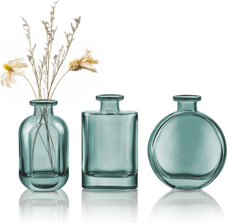 Blauw-groene set van 3 kleine glazen vazen kleurrijke bloemenvaas voor op het bureau decoratieve knoopvaas voor thuis kantoor tafeldecoratie