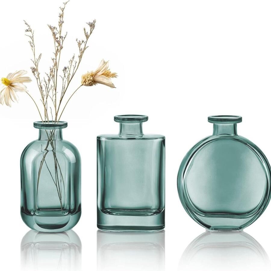 Blauw-groene set van 3 kleine glazen vazen kleurrijke bloemenvaas voor op het bureau decoratieve knoopvaas voor thuis kantoor tafeldecoratie