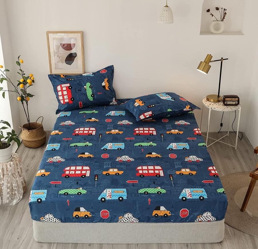 Blauw Kinder Hoeslaken 90 x 200 cm met Auto Patroon voor Boxspring en Matras