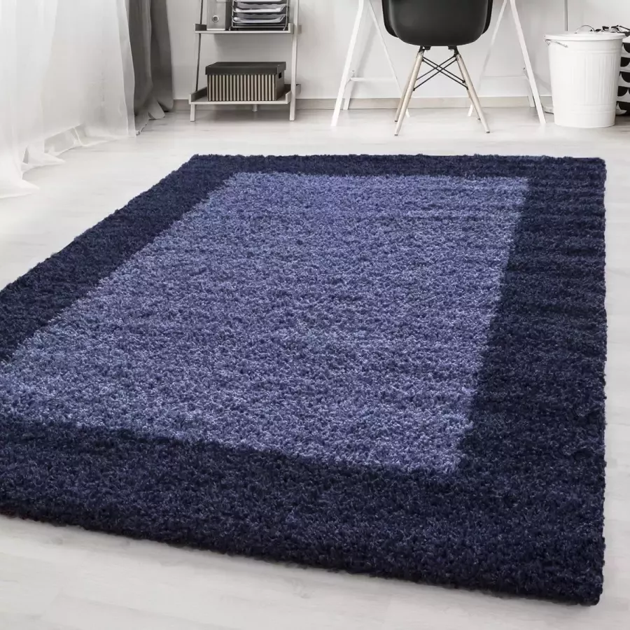 Blauw Tapijt Hoogpolig Vloerkleed Kader 200x290cm- Modern Woonkamer Salon Slaapkamer Eetkamer