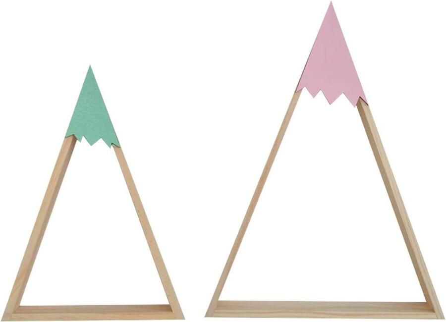 Blauwe en roze bergstijl zwevende wandplanken Set van 2 Driehoekig design Kinder- en babykamer decor Houten wandrek