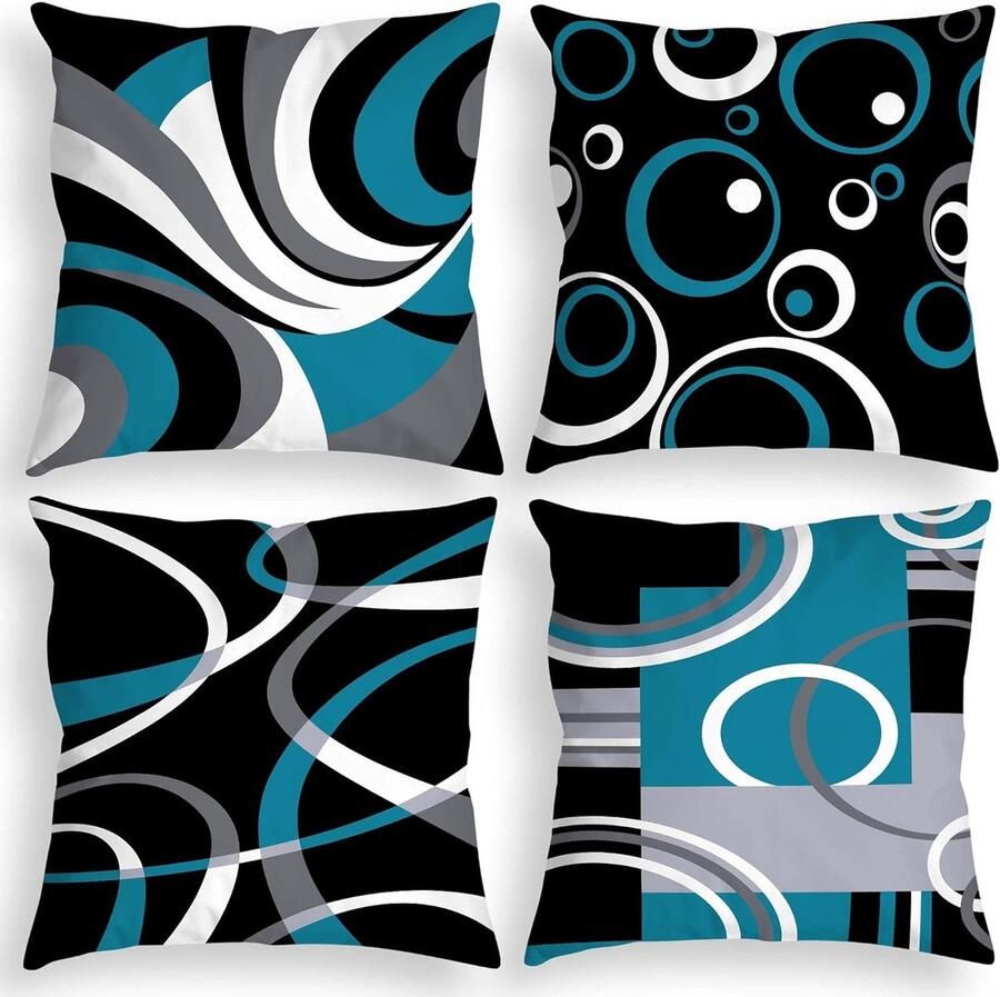 Blauwe en zwarte sierkussenhoezen 18x18 inch Set van 4 Decoratieve sierkussenhoezen Abstract Modern Geometrisch Blauwgroen Vierkante kussenhoezen voor slaapbanken