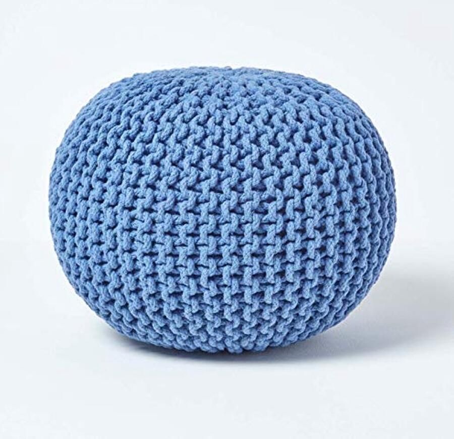 Blauwe Gebreide Poef Voetbank 100% Katoen Comfortabel en Duurzaam voor Woonkamer Kinderen en Ouderen