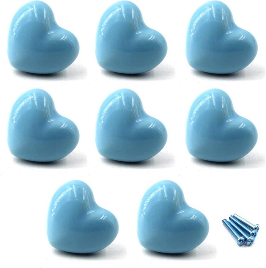 Blauwe keramische hartvormige kastgrepen voor keuken en kinderkamer 8 stuks