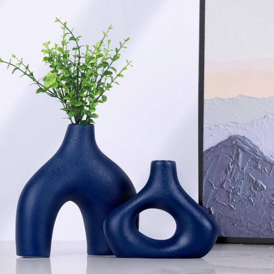 Blauwe keramische vaas set van 2 moderne woondecoratie vazen ​​voor pampasgras en bloemen in Scandinavische minimalistische stijl perfect voor woonkamer bruiloft eettafel feest kantoor slaapkamerdecoratie