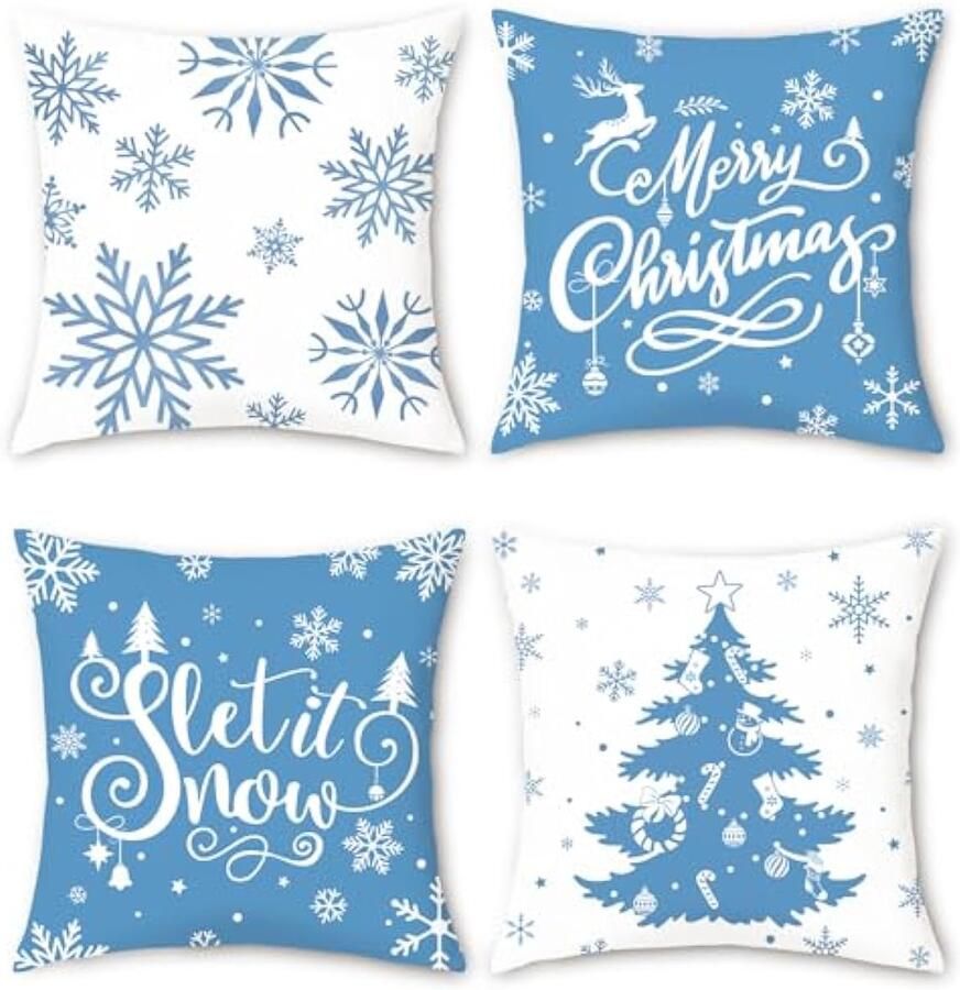 Blauwe kerstkussenslopen 45 x 45 cm kerstboom sneeuwvlokken winter decoratieve kussenslopen fluwelen kussenslopen voor slaapbank thuis vakantie decoratie set van 4