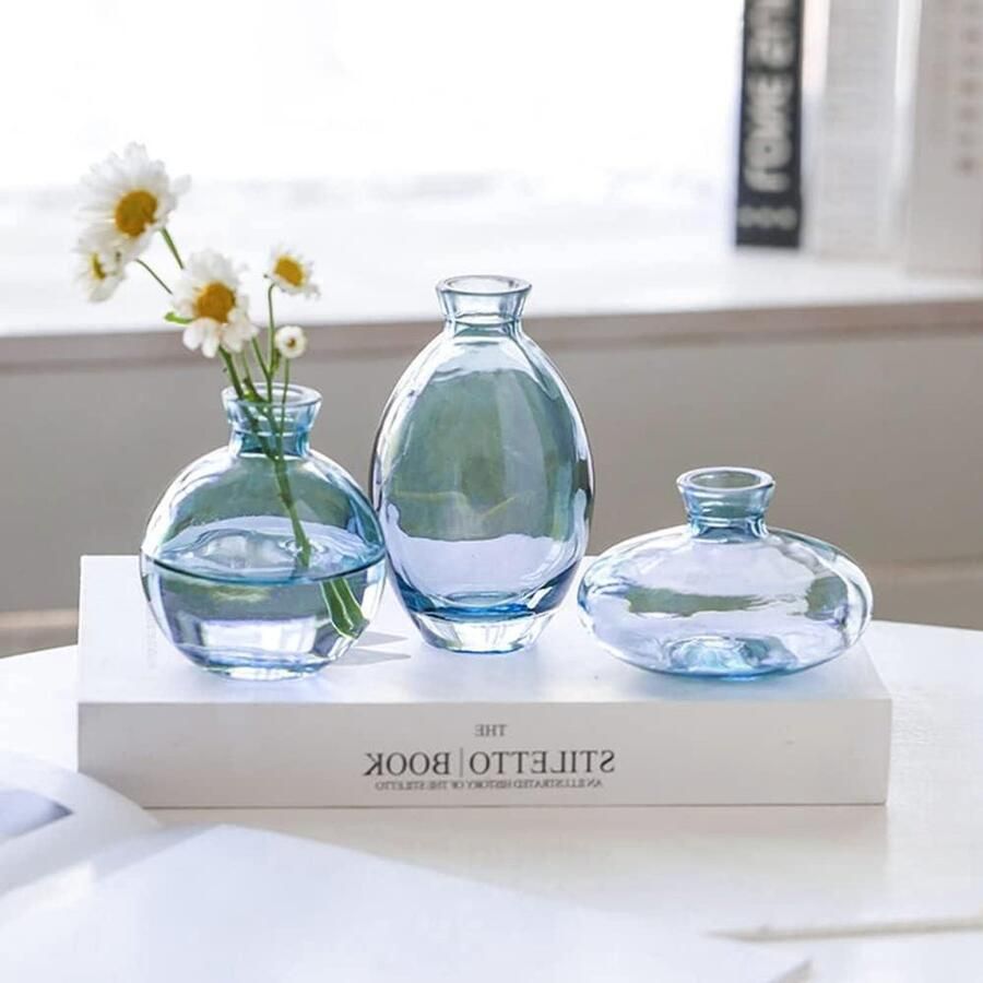 Blauwe kleine glazen vazen set van 3 Bloemenvaas voor decoratie Hydrocultuur vaas voor tafel salontafel woonkamer kantoor