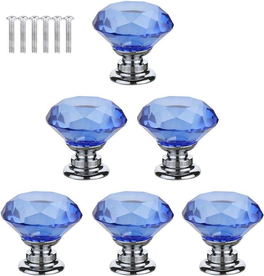 Blauwe Kristallen Ladeknoppen Meubelgrepen Set van 6 Stuks 30mm met Schroeven
