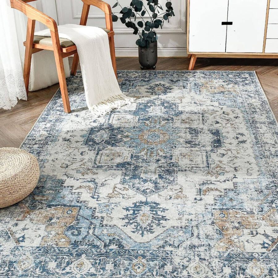 Blauwe loper voor in de gang vintage bloementapijt laagpolig oosters lang keukentapijt slaapkamer woonkamer eetkamer werkkamer kantoor opvouwbaar tapijtloper aanpasbaar 90 x 150 cm