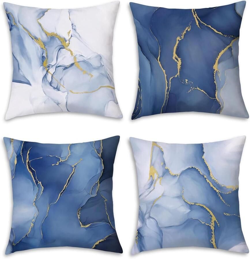 Blauwe marmeren kussenslopen 45 x 45 cm abstract marmer blauw en goud moderne decoratieve kussenhoezen voor bank patio woondecoratie set van 4