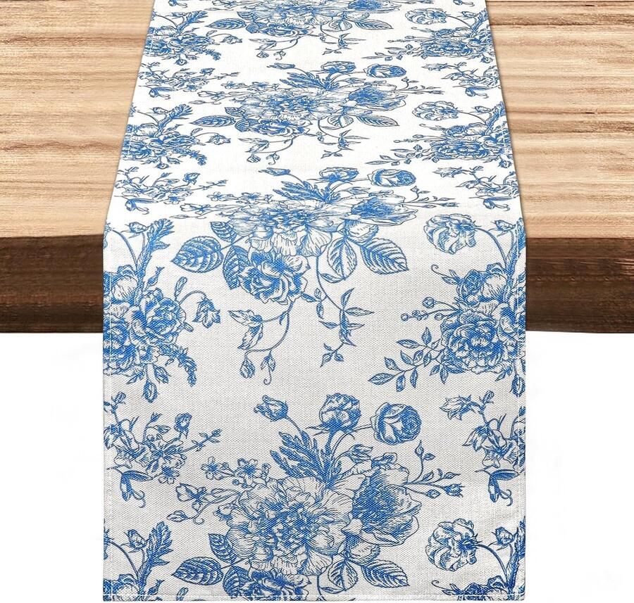 Blauwe tafelloper retro boerderij decoratie lente 182 cm