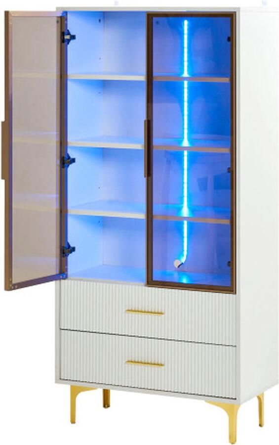 Zonder merk Gotagee Blauwgroene Glazen vitrinekast hoge kast staande vitrine met LED licht Wit