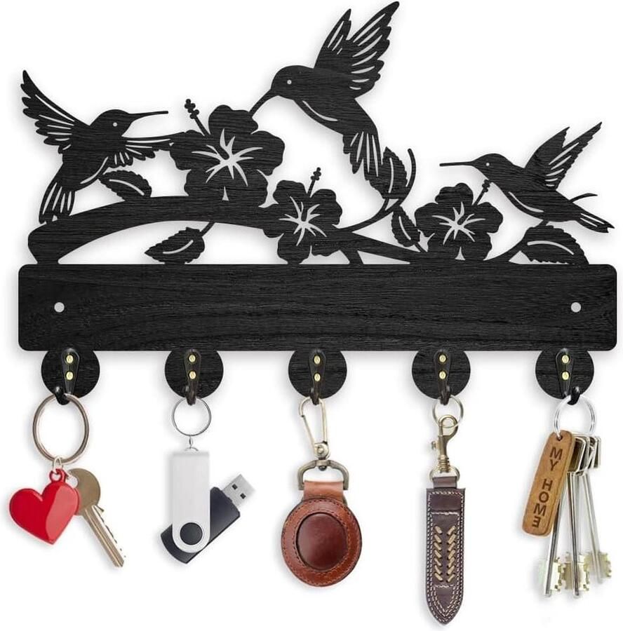 Bloem Kapstok Wandmontage 30 × 20 cm Hout Kolibrie Sleutelhouder Wall Art Decor Vogel Thema 5 Legering Haken Zelfklevende Zwarte Vogels Entryway Woonkamer Gift