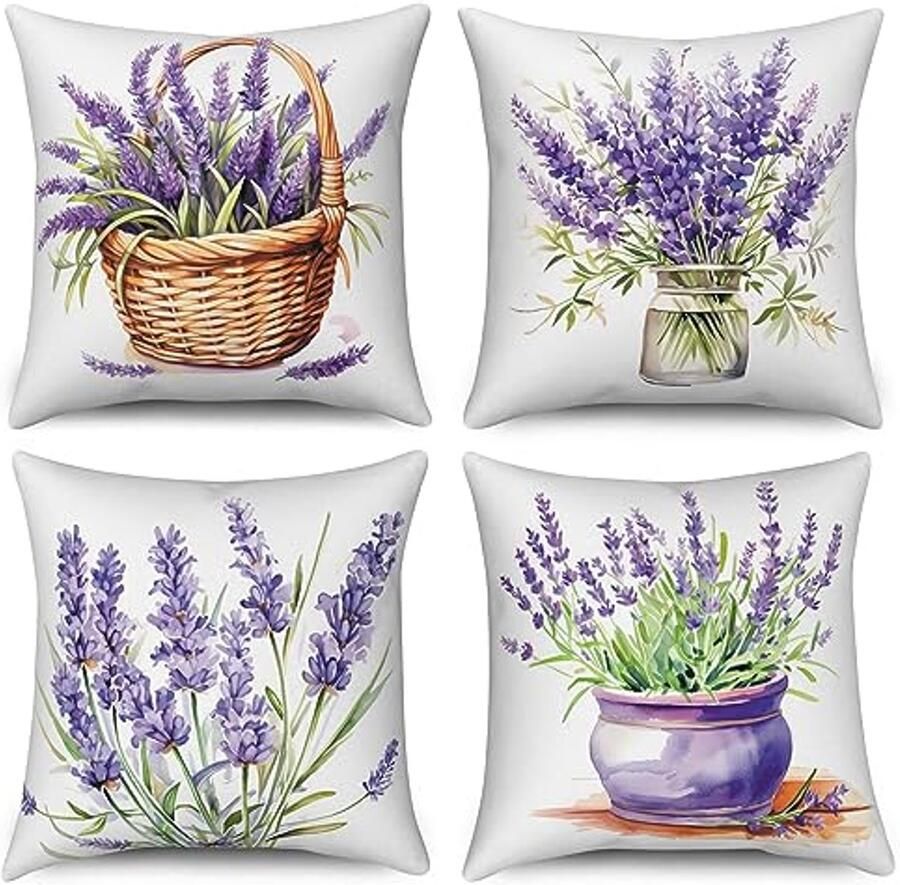 Bloem Kussensloop Set van 4 Handgeschilderd Paars met Groene Bladeren 45 x 45 cm Wasbaar en Duurzaam voor Bank en Outdoor