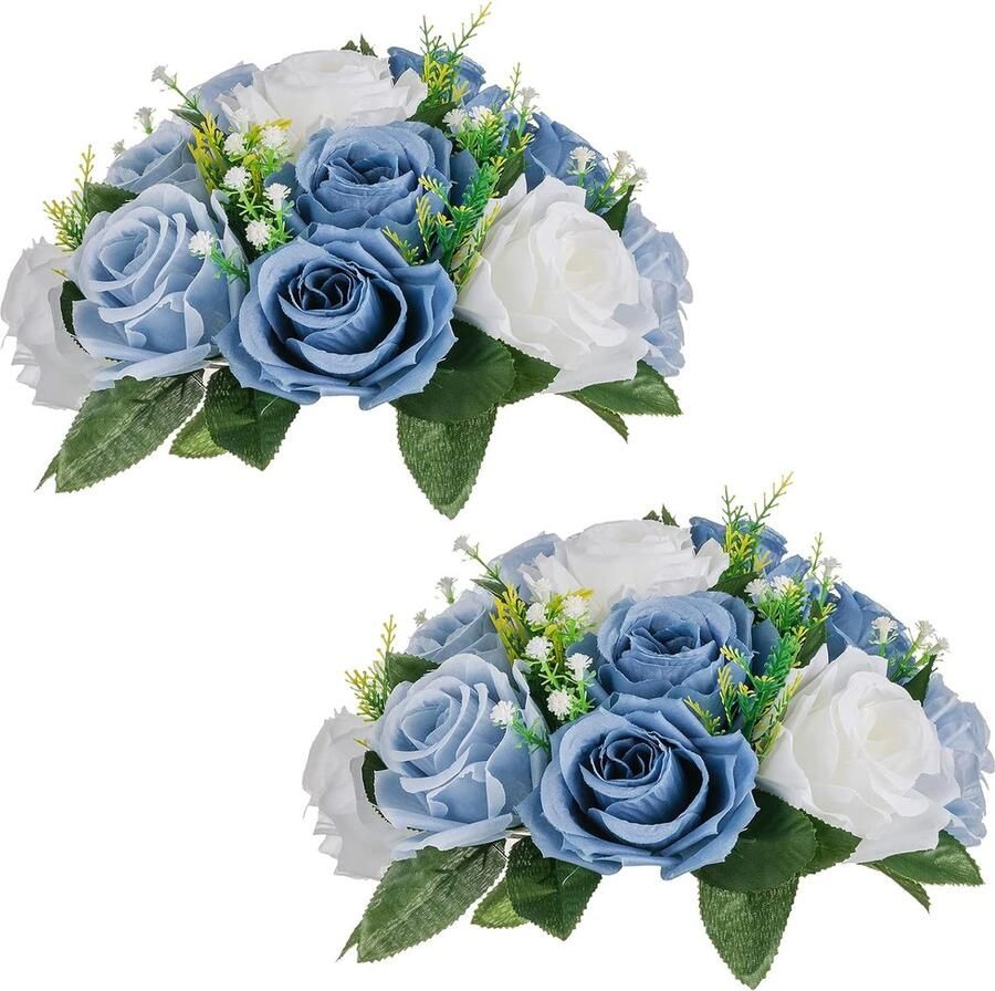 Bloemballen voor bruiloft tafelopzetstukken 2 stuks 24 cm diameter kunstbloemen bal opstelling boeket feest voor tafels stoffige blauwe namaakroos bloemen voor bruiloften decoratie