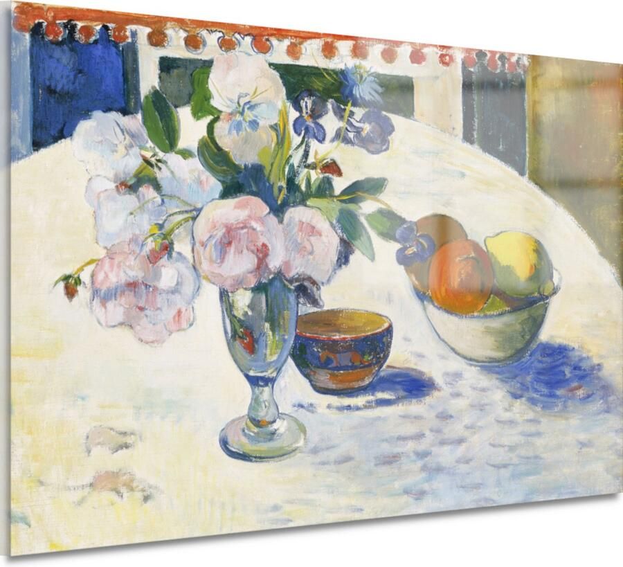 Bloemen en een fruitschaal op tafel Paul Gauguin glasschilderij Bloemen glasschilderij Schilderijen Stilleven Landelijk schilderij Acrylglas schilderij Kunst acrylglas 105x70 cm