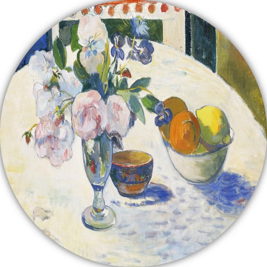 Bloemen en een fruitschaal op tafel Paul Gauguin wandbord Bloemen wanddecoratie rond Wandschalen Stilleven Landelijk schilderij Kunstwerken schilderij muurcirkel forex 90x90 cm