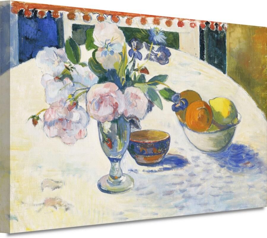 Bloemen en een fruitschaal op tafel Paul Gauguin wanddecoratie Bloemen schilderijen canvas Stilleven Schilderij vintage Muurdecoratie canvas Kunst aan de muur 90x60 cm