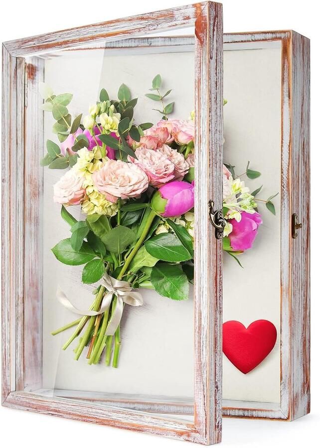 Bloemen Schaduwdoos Vitrine 13 x 16 (33x41 cm) vintage groot frame met glazen deur diepe fotolijst voor bruiloftsboeket memorabilia en foto s wit-roze