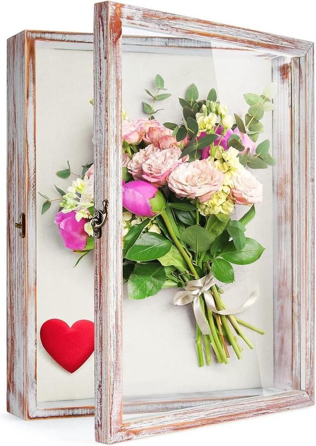 Bloemen Schaduwdoos Vitrine Fotolijst voor Memorabilia 1 stuk Wit Roze Hout