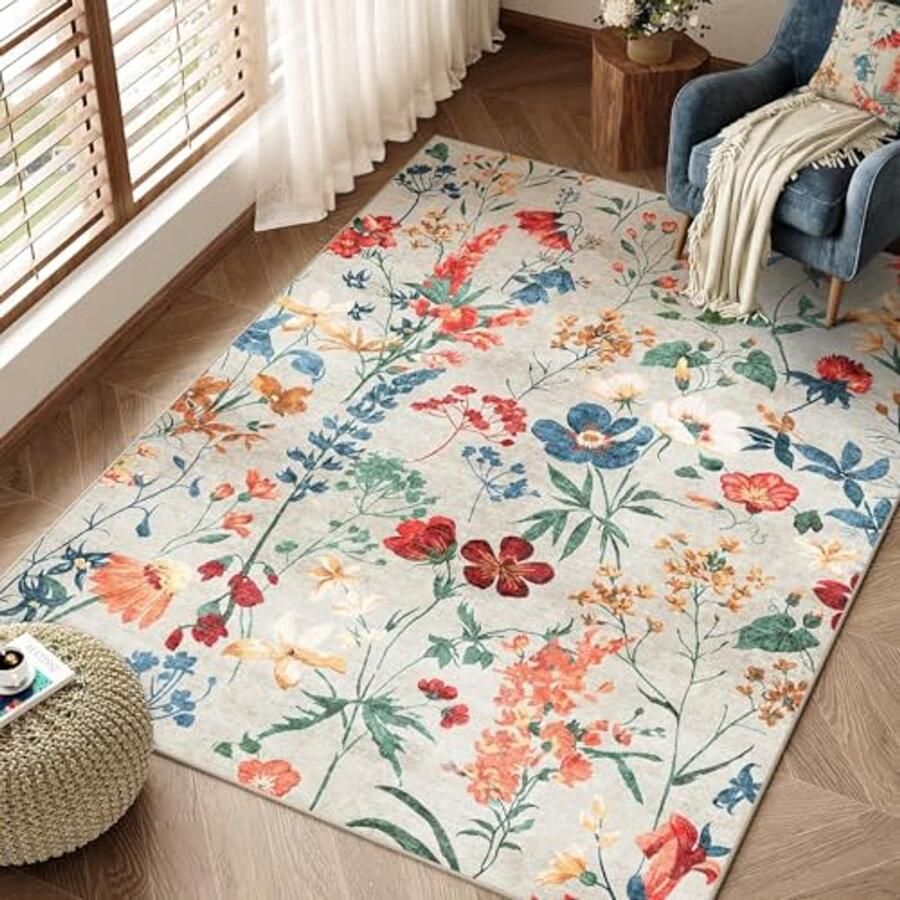 Bloemen Tapijt 120x170cm Beige Antislip Machinewasbaar Boho Vloerkleed