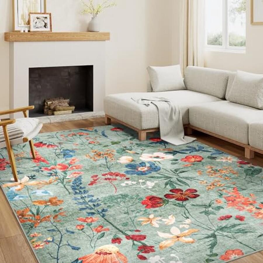 Bloemen Tapijt 160x230cm Groen Antislip Machinewasbaar Vloerkleed voor Woonkamer Slaapkamer en Eetkamer